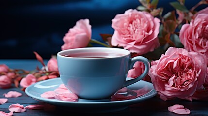 Fototapeta na wymiar Valentine Day Composition Coffee Cup Rose, Background Image, Valentine Background Images, Hd