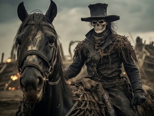 Fototapeta na wymiar Black horseman skull of apocalypse riding black horse AI