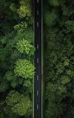 Conifer forest and road top view,created with Generative AI tecnology.