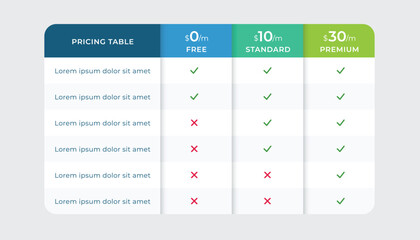 Business plan pricing table. Comparison table infographic.