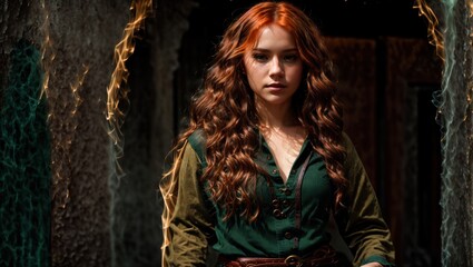 Fototapeta premium Red-haired young girl resting in a dark forest