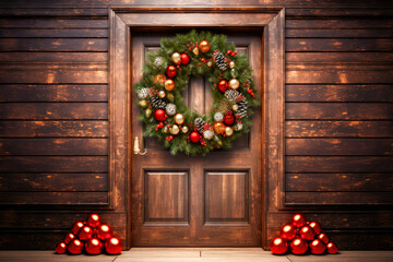 Fototapeta na wymiar Christmas door wreath, a natural arrangement of baubles, berries, fruits and fir cones fasten on a ring and set on a house entrance door as decoration