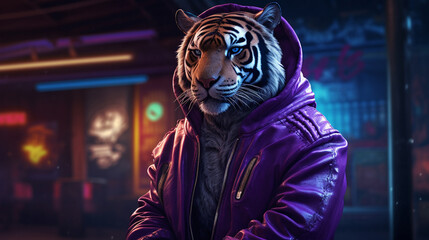Fototapeta na wymiar A tiger in a purple jacket