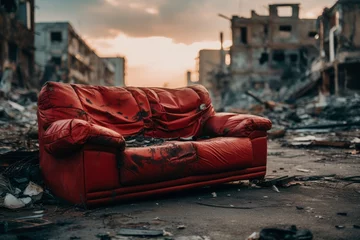 Gordijnen Red vintage leather sofa on the street of war destroyed city. Concept for nastiness of war. © graja