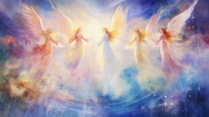 Foto op Canvas Digital art of colorful angels with open wings in the heavens. © Chrixxi