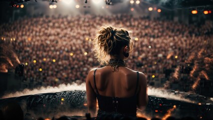 A girl sings to a full hall of people - obrazy, fototapety, plakaty