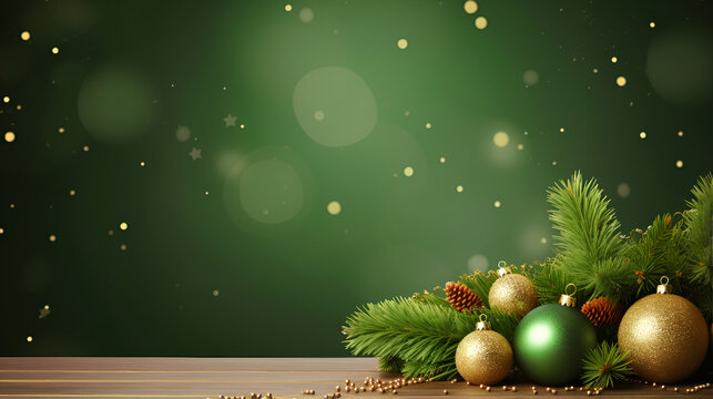 Elegant Christmas Green and Gold Balls Image, background with christmas tree and balls,AI Generative 