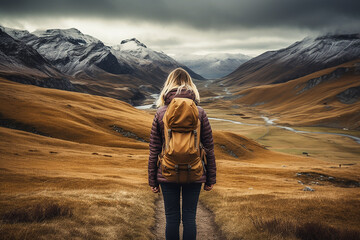 Hiking woman with a backpack in Europe. Travel and adventure concept.