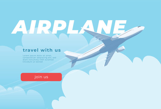 Banner with an airplane on the background of the sky. Passenger and cargo air transport. A quick long-distance flight. Vector illustration