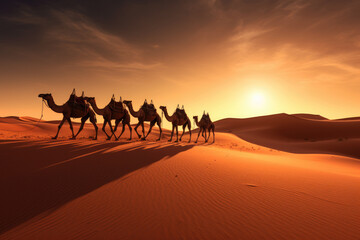 Camel caravan going through the desert at sunset