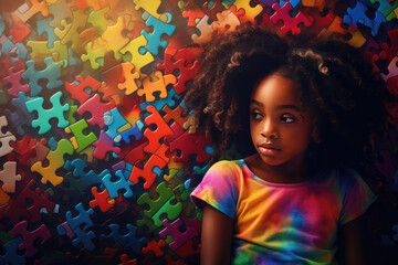 Girl standing in front of rainbow colored puzzle wall - obrazy, fototapety, plakaty