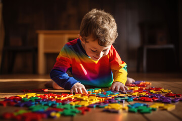 Boy playing rainbow colored jigsaw puzzle