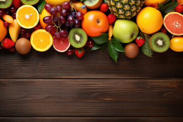 Delicious ripe fruits on a wooden background