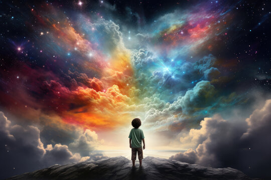 Boy with rainbow colored imaginary world background © Ekaterina Pokrovsky