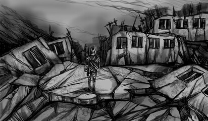 Destroyed buildings, sketch - digital painting  - obrazy, fototapety, plakaty