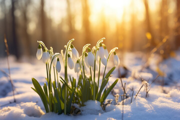 Beautiful white snowdrop flowers blossoming outdoors in snow