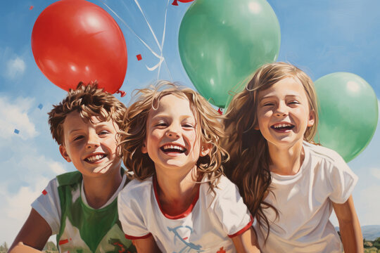 Happy cheerful children with bunch of colorful balloons in colors of Italian flag over the blue sky