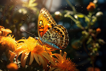 Butterfly on the colorful flowers and plants. Calm nature scene with dreamy colors.