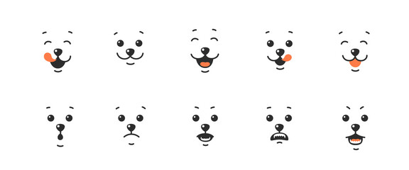Various animal face, different emotions. Happy, angry and sad dog face. Vector illustration. - obrazy, fototapety, plakaty