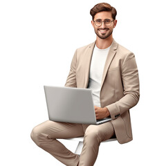 Handsome businessman on transparent png background, working alone at his laptop while smiling and plotting an investment. Excited or thinking businessman at his desk, reading and using his computer.
