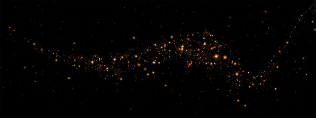 Dust sparks and golden stars shine with special light. Vector sparks on black background. Christmas light effect. Sparkling magic dust particles.	