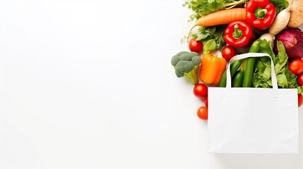 Organic vegetables in shopping bags on white background. Generative AI