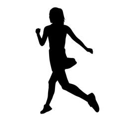 Fototapeta na wymiar Silhouette of a female in running pose. Silhouette of a casual teenager girl wearing dress runs. 