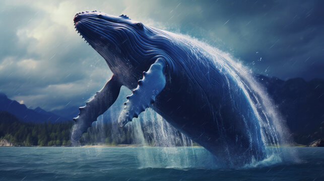 A large blue humpback whale jumps out of the water in the middle of the ocean. The strength and power of the largest mammal in the world. Marine inhabitants Generative AI. - Powered by Adobe