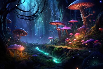 Whimsical fairy-tale forest with luminous mushrooms and enchanted glows. - obrazy, fototapety, plakaty