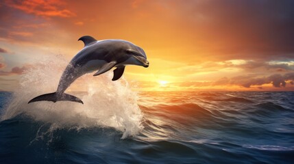 Bottlenose dolphin jumps out of the water in the middle of the ocean at sunset. A beautiful intelligent sea dweller is a charming mammal in the wild. Generative AI.