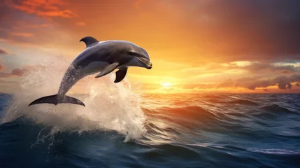 Foto op Plexiglas Bottlenose dolphin jumps out of the water in the middle of the ocean at sunset. A beautiful intelligent sea dweller is a charming mammal in the wild. Generative AI. © Nikolai