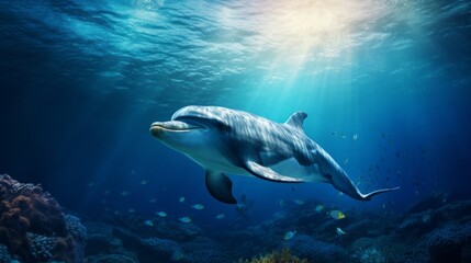 Naklejka premium Bottlenose dolphin swims underwater among colorful beautiful exotic fish and coral reef. A beautiful intelligent sea dweller is a charming mammal in the wild. Generative AI.