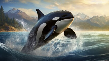 A killer whale jumps out of the water in the middle of the ocean. The strength and power of a large predatory dangerous dolphin . Marine inhabitants. Generative AI.