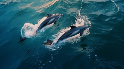 A pair of dolphins are adorable mammals in the wild. Two bottlenose dolphins jump out of the water hunting fish in the ocean. Aerial view. Generative AI.