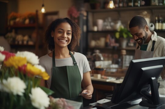 Smiling female florist holding card reader machine at counter with customer paying 