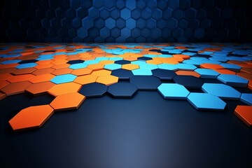 Hexagons in blue and orange on a modern background with a 3D illustration. Generative AI