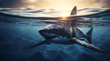 A dangerous toothy shark swims underwater near the shore in search of a victim. Shark is a predator in the wild in the ocean. Front view of the scary jaws. Generative AI.