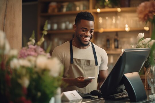 Smiling male florist holding card reader machine at counter with customer paying 