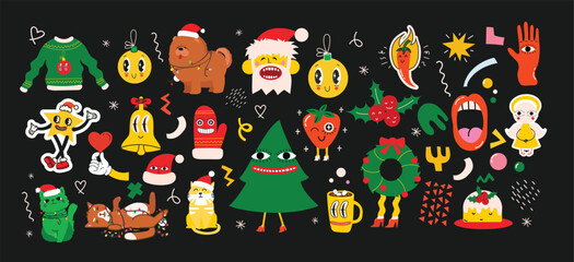 Groovy hippie Christmas stickers. Santa Claus, Christmas tree, gifts, rainbow, peace, groovy and bright, star in trendy retro cartoon style. Merry Christmas and Happy New year. - obrazy, fototapety, plakaty
