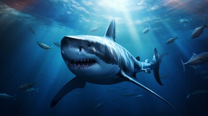 A dangerous toothy shark swims underwater hunting fish. Shark is a predator in the wild in the...