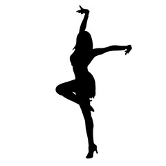 Silhouette of a female dancer in action pose. Silhouette of a woman dancing happily.