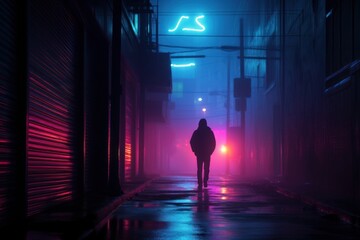 Silhouette of a mysterious person walking through a foggy urban alley illuminated by neon lights. - obrazy, fototapety, plakaty