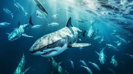 A pack of the most dangerous sharks swims underwater hunting fish. Shark is a predator in the wild in the ocean. Generative AI.