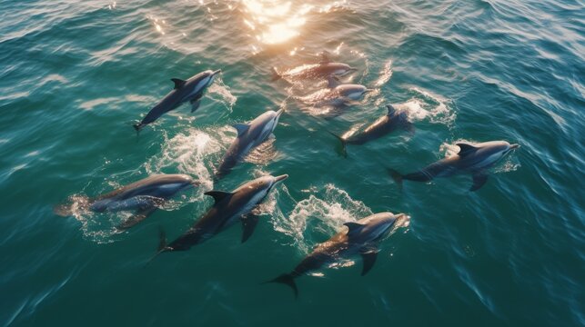 Dolphin Family Are Adorable Mammals In The Wild. A Group Of Bottlenose Dolphins Jumps Out Of The Water Hunting Fish In The Ocean. Aerial View. Generative AI.