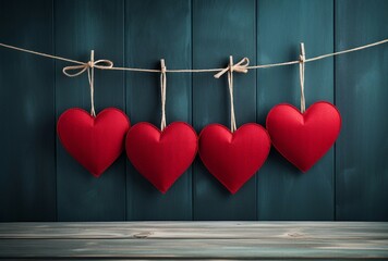 A colorful display of love with red heart-shaped decorations hanging on a clothesline