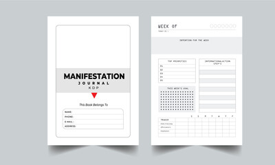 KDP Manifestation Journal Weekly Planner, Set of planner and week list. Monthly, weekly, daily planner template. Fully Vector illustration.