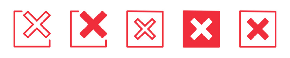 Cross icon. Red failed or mistake line icons set. Error mark icon symbol. Vector stock illustration. - obrazy, fototapety, plakaty