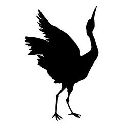 Silhouette of a crane bird with long neck and long legs. Silhouette of a crane bird with spread wings.