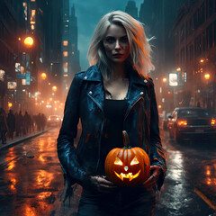 AI Generated Blonde Girl Halloween Zombie. - 670074421