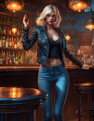 AI Generated Blonde Girl in a Bar. - 670074430
